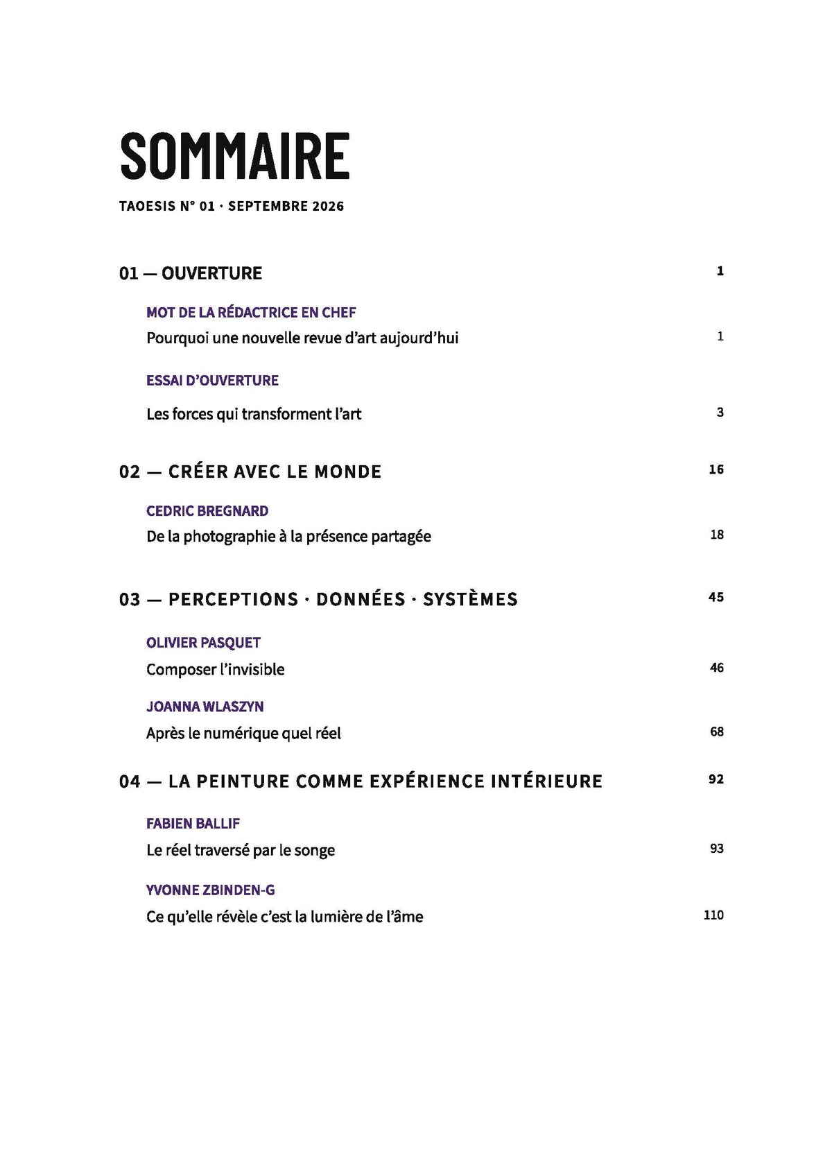 TAOESIS N°1 — sommaire, page 2